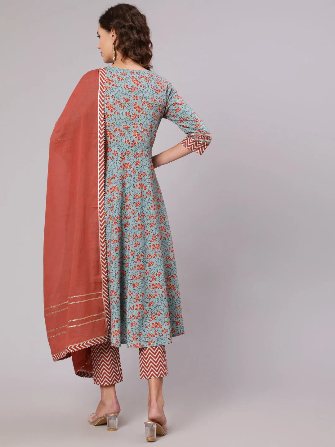 Grey Cotton Printed Embellished Anarkali Kurta With Pants And Dupatta
