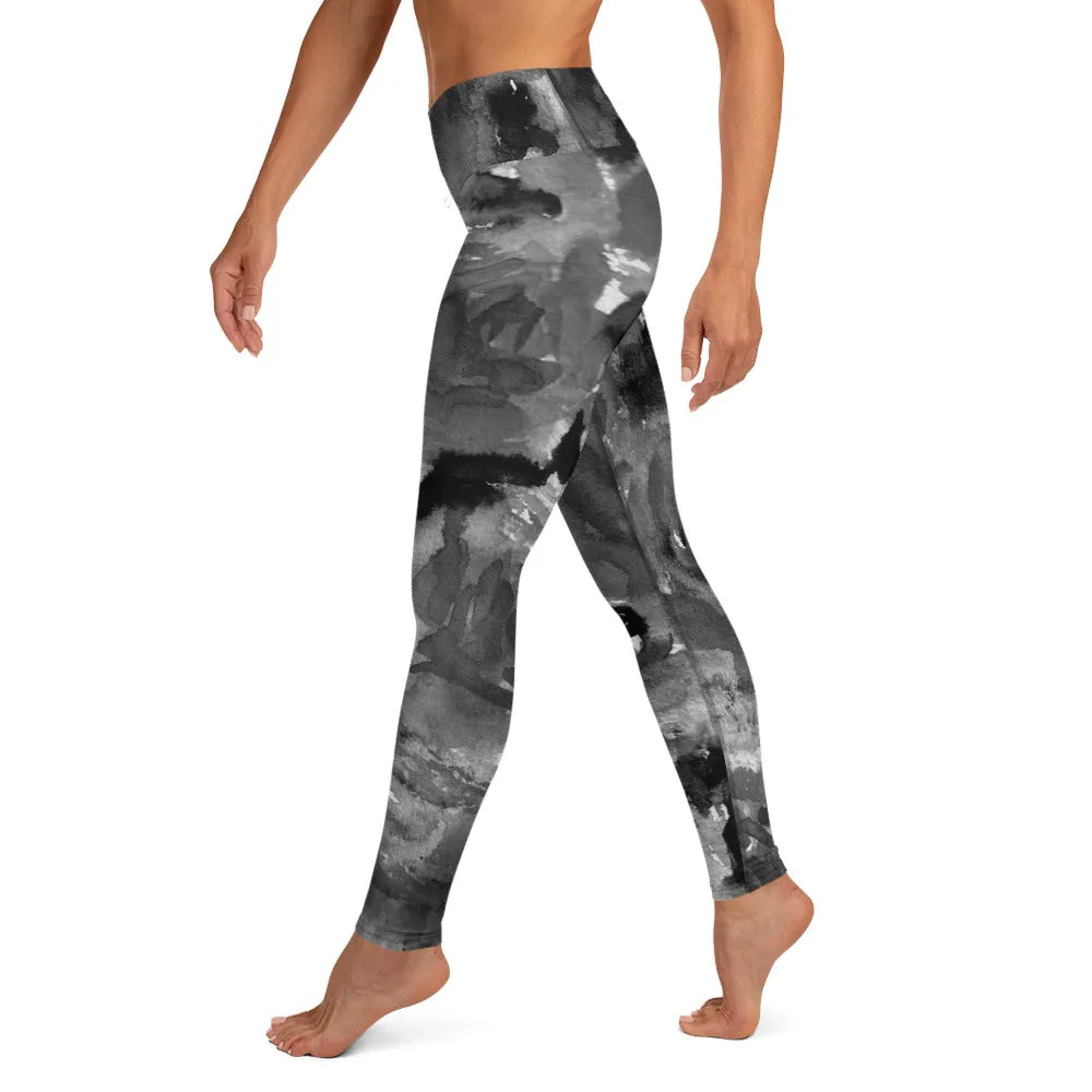 Grey Floral Abstract Yoga Leggings, Flower Print Long Designer Women's Tights-Made in USA/EU