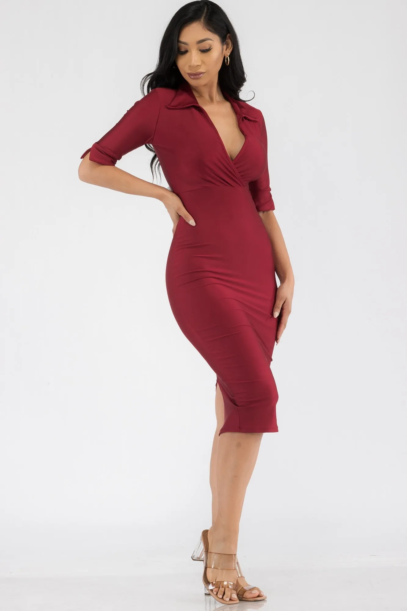 HH714X-SL - SATIN COLLAR MIDI DRESS