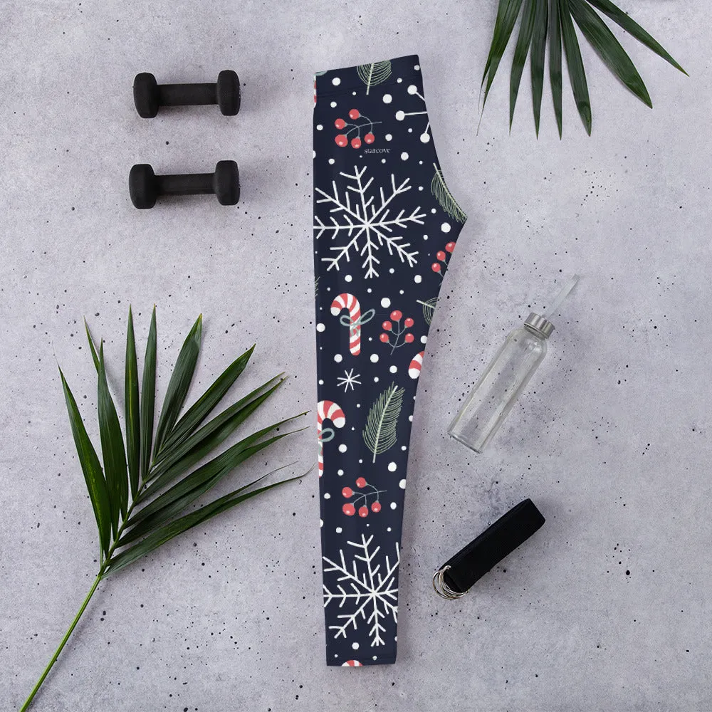 Holiday Christmas Leggings, December Sugar Candy Cane Snowflakes Winter Workout Yoga Pants Matching Mommy Me Kids Girls Plus Size Leggings