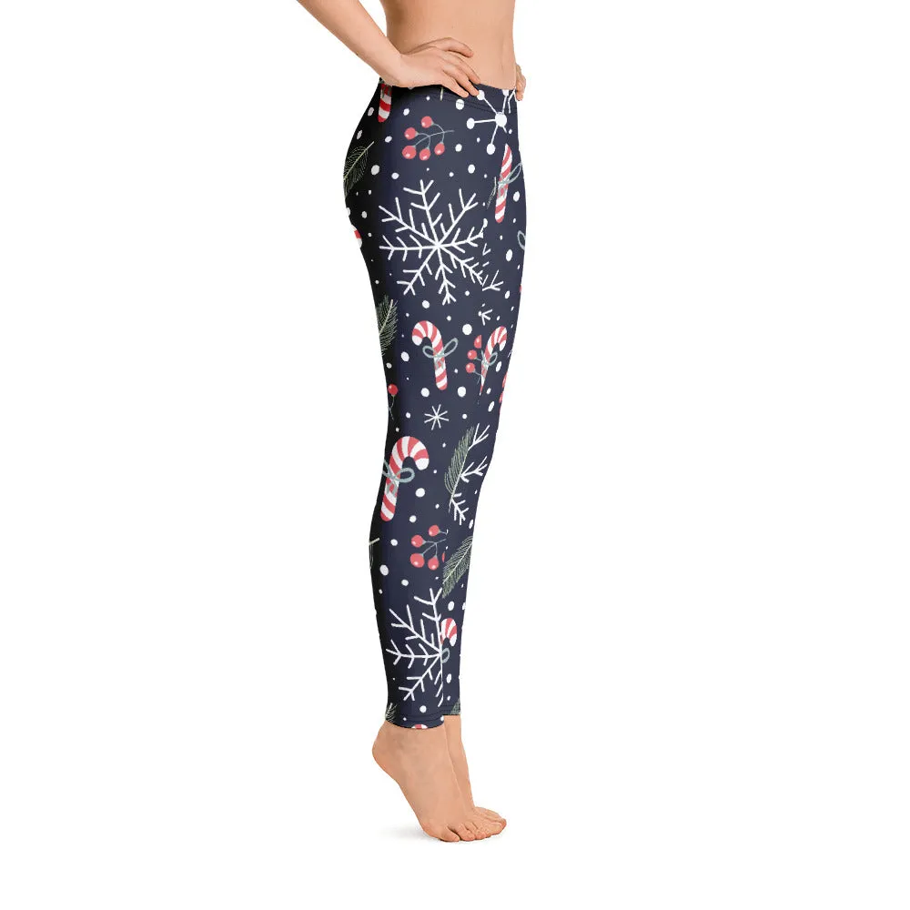 Holiday Christmas Leggings, December Sugar Candy Cane Snowflakes Winter Workout Yoga Pants Matching Mommy Me Kids Girls Plus Size Leggings