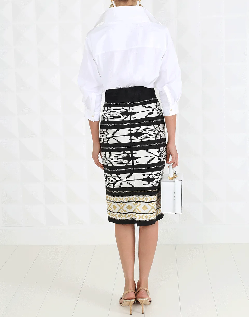 Ikat Threadwork Embroidered Pencil Skirt