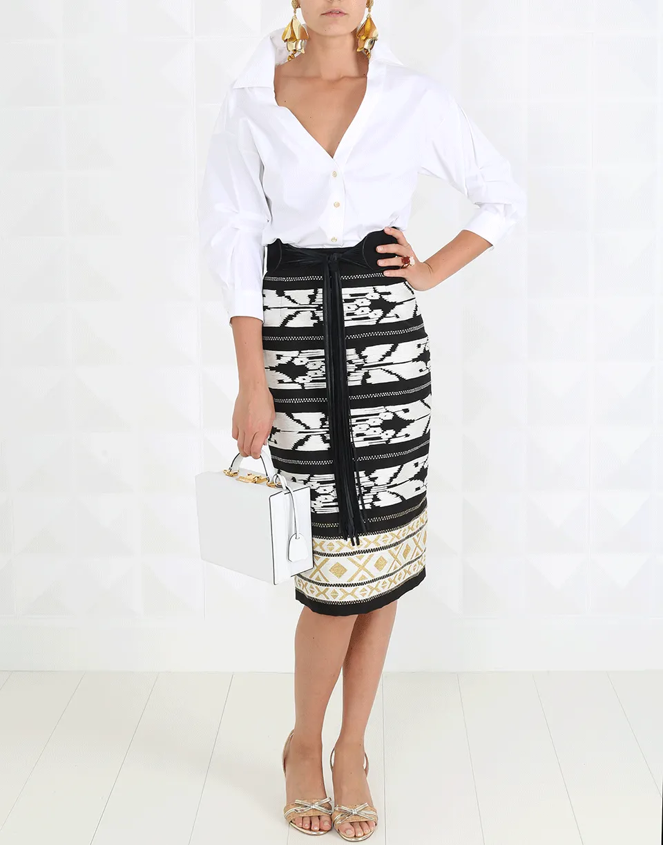 Ikat Threadwork Embroidered Pencil Skirt