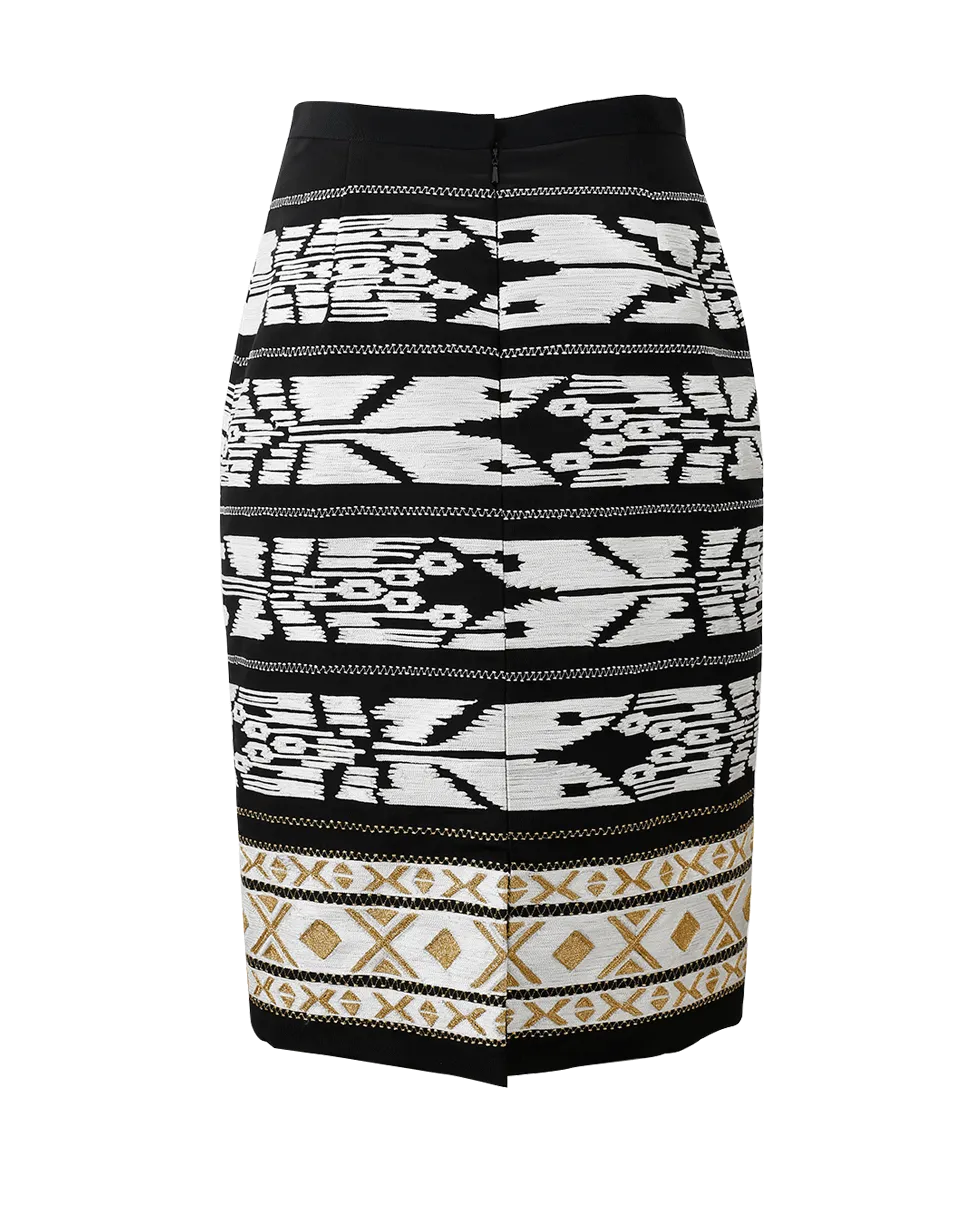 Ikat Threadwork Embroidered Pencil Skirt