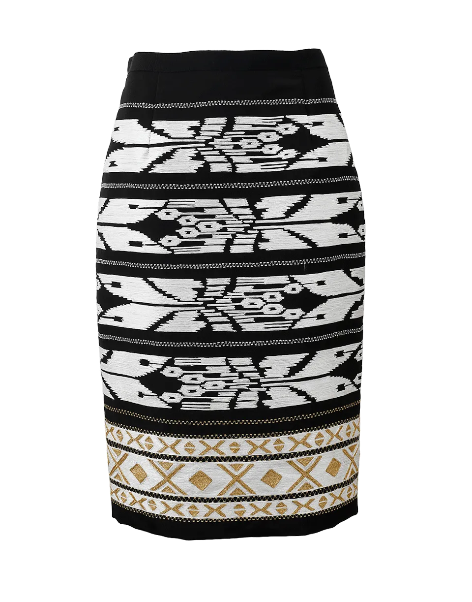 Ikat Threadwork Embroidered Pencil Skirt