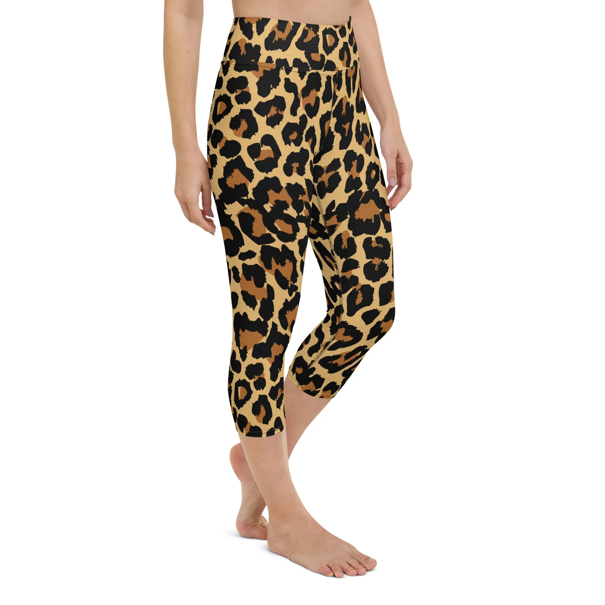 Leopard Print Yoga Capri Leggings, High Waisted Sexy Cheetah Animal Graphic Workout Gym Designer Tights  Pants for Women