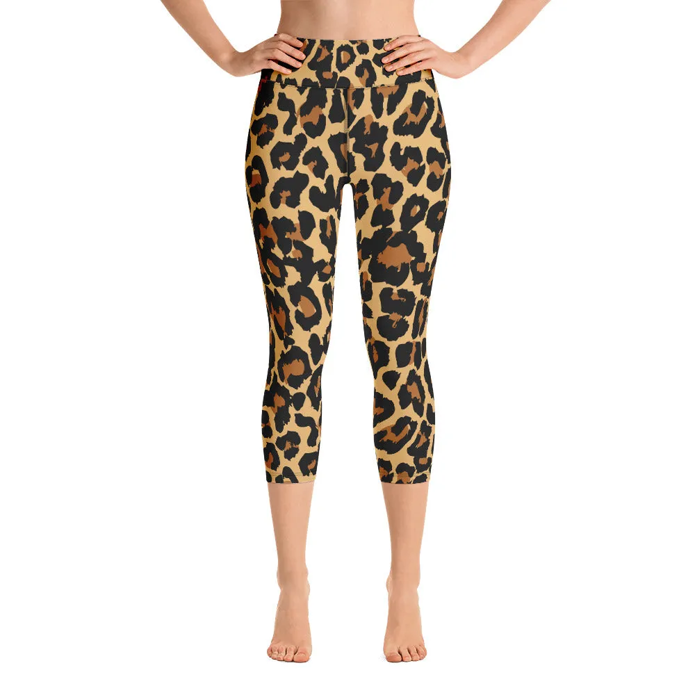 Leopard Print Yoga Capri Leggings, High Waisted Sexy Cheetah Animal Graphic Workout Gym Designer Tights  Pants for Women