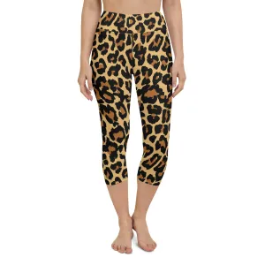 Leopard Print Yoga Capri Leggings, High Waisted Sexy Cheetah Animal Graphic Workout Gym Designer Tights  Pants for Women