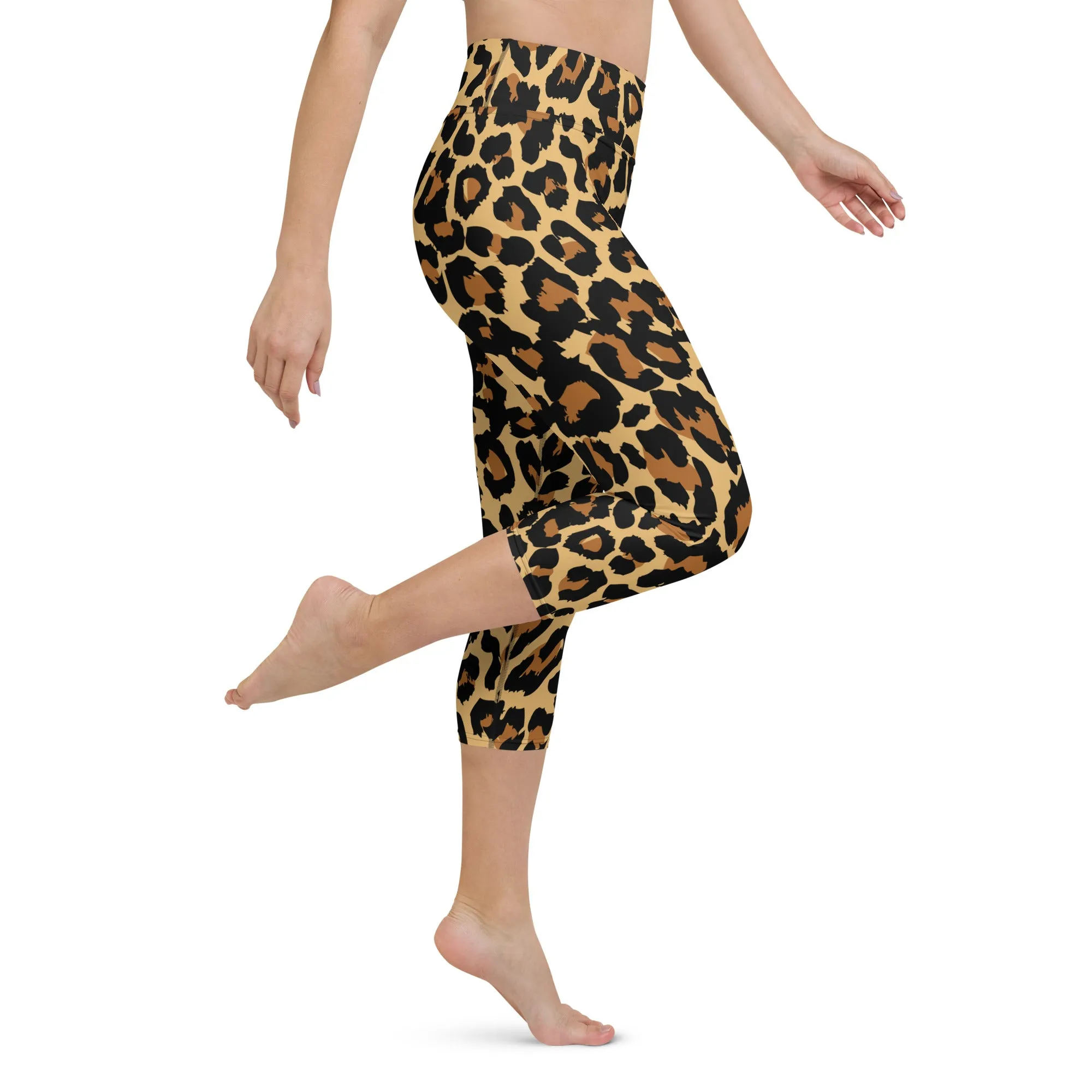 Leopard Print Yoga Capri Leggings, High Waisted Sexy Cheetah Animal Graphic Workout Gym Designer Tights  Pants for Women