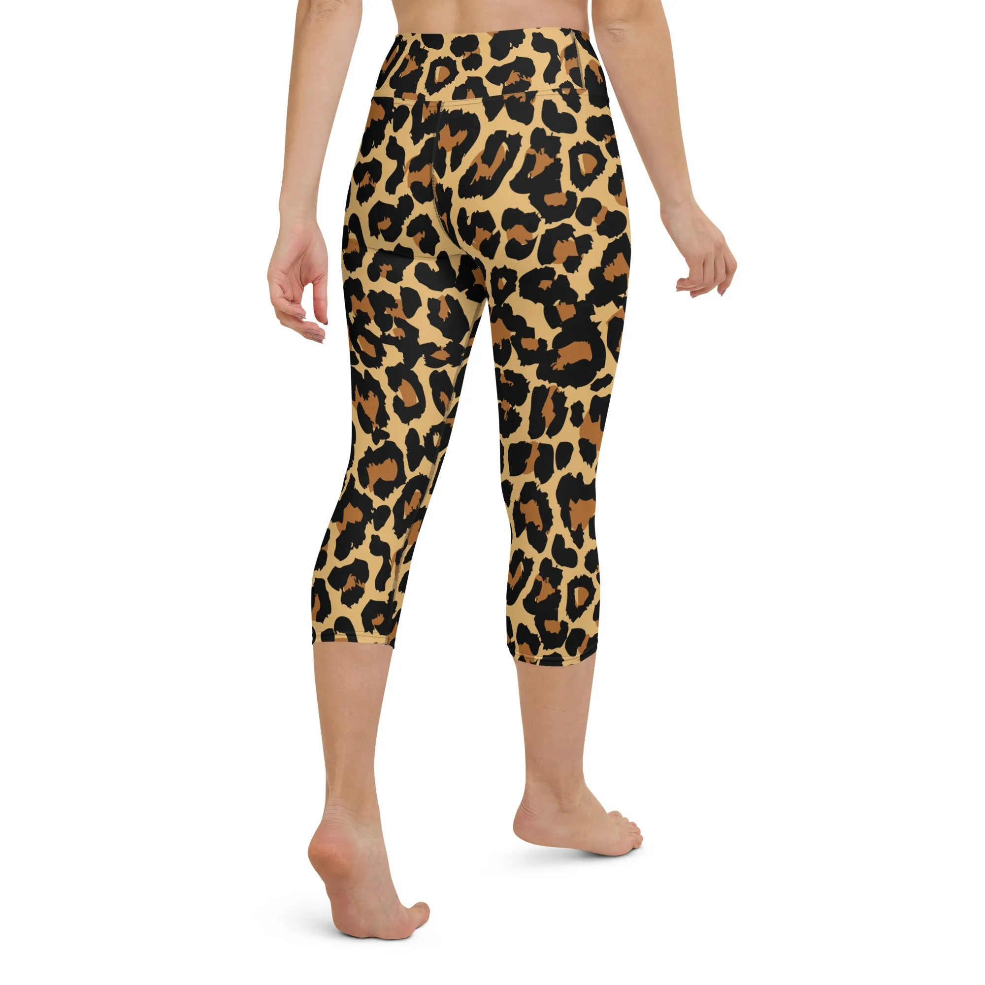 Leopard Print Yoga Capri Leggings, High Waisted Sexy Cheetah Animal Graphic Workout Gym Designer Tights  Pants for Women