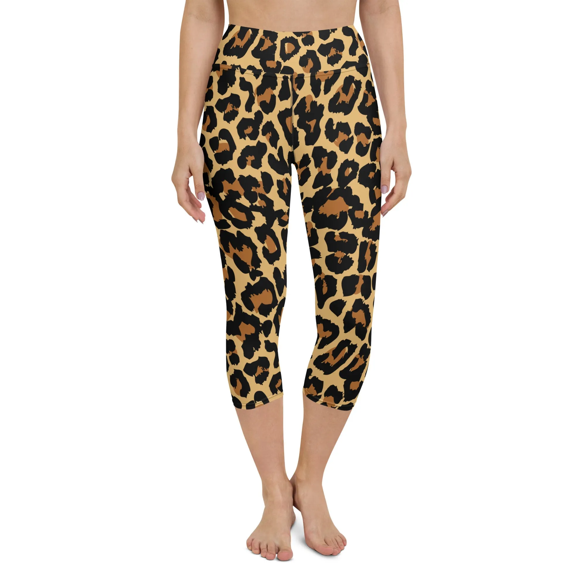Leopard Print Yoga Capri Leggings, High Waisted Sexy Cheetah Animal Graphic Workout Gym Designer Tights  Pants for Women