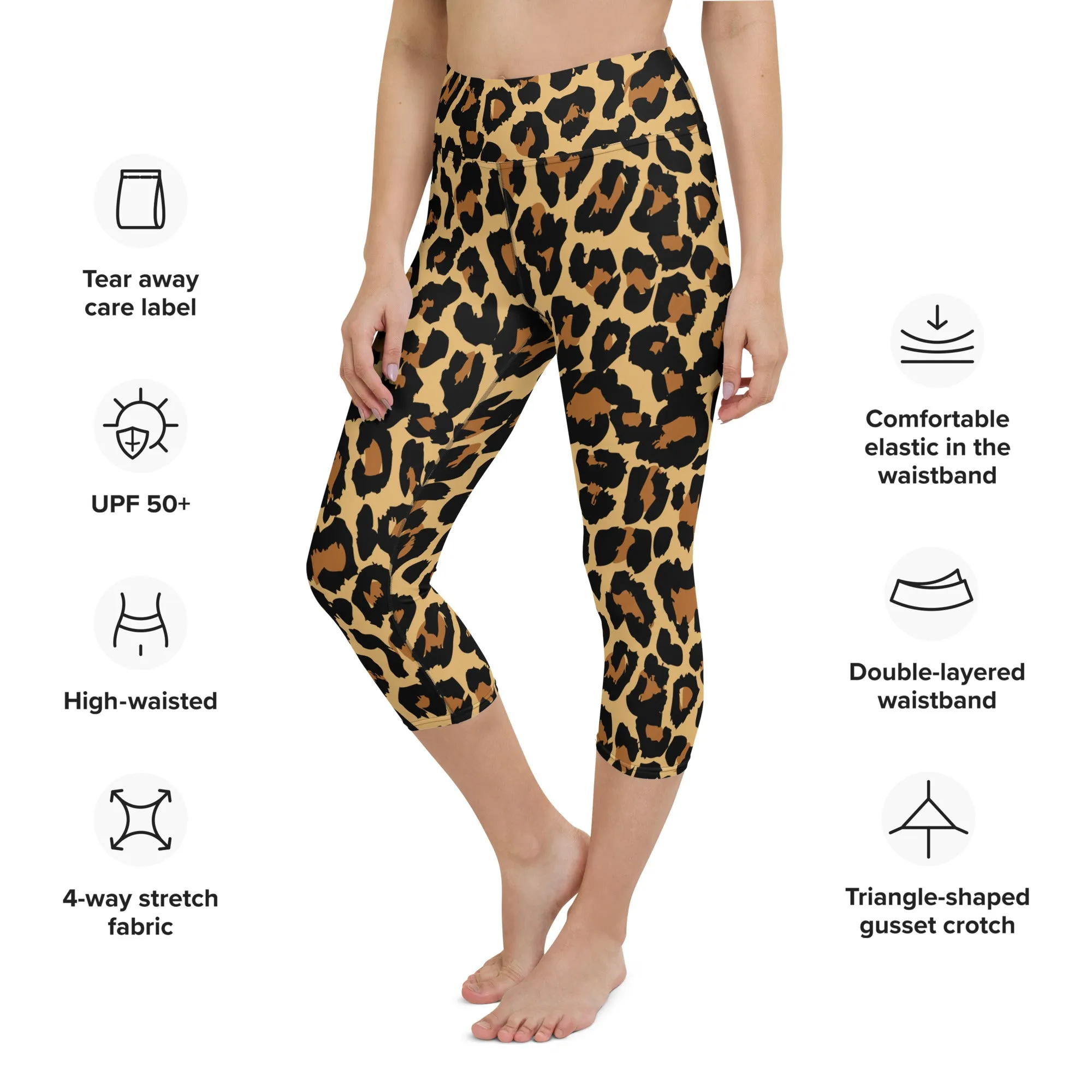 Leopard Print Yoga Capri Leggings, High Waisted Sexy Cheetah Animal Graphic Workout Gym Designer Tights  Pants for Women