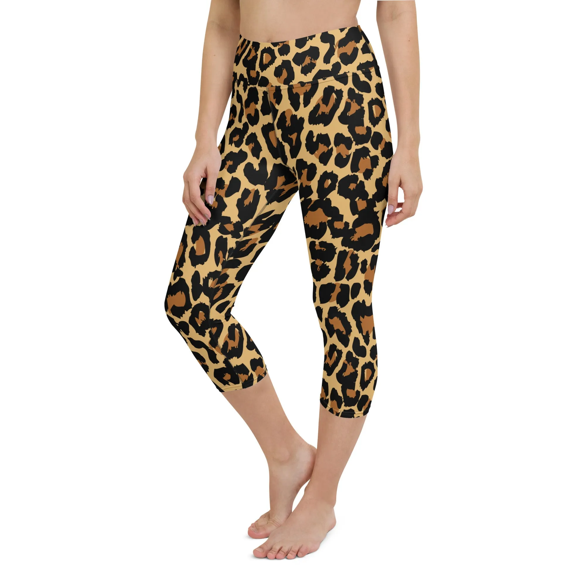 Leopard Print Yoga Capri Leggings, High Waisted Sexy Cheetah Animal Graphic Workout Gym Designer Tights  Pants for Women