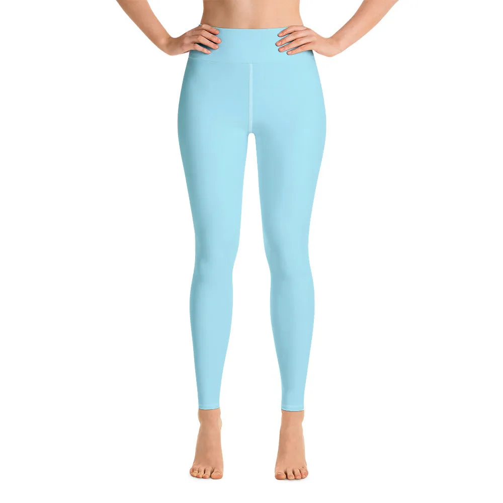 Light Blue Women's Yoga Leggings, Pastel Blue Solid Color Luxury Women's Long Gym Tights-Made in USA/EU/MX