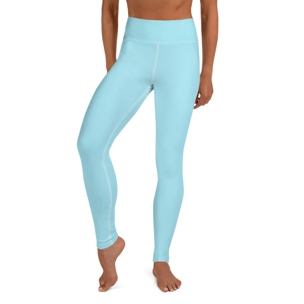 Light Blue Women's Yoga Leggings, Pastel Blue Solid Color Luxury Women's Long Gym Tights-Made in USA/EU/MX