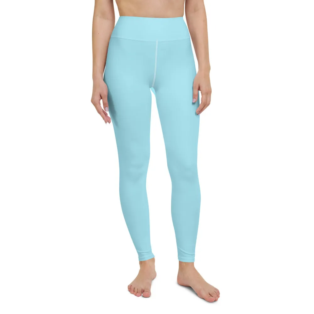 Light Blue Women's Yoga Leggings, Pastel Blue Solid Color Luxury Women's Long Gym Tights-Made in USA/EU/MX