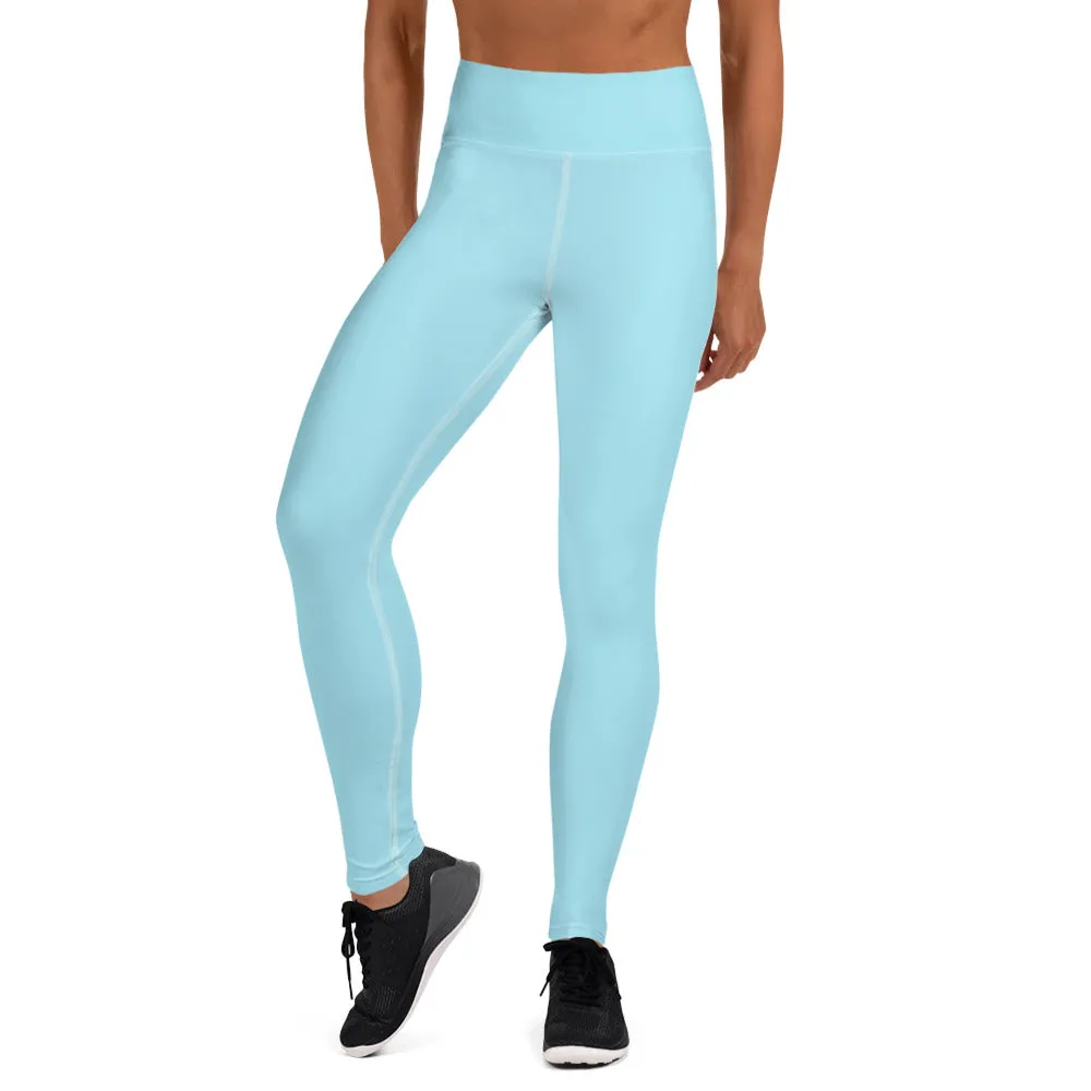 Light Blue Women's Yoga Leggings, Pastel Blue Solid Color Luxury Women's Long Gym Tights-Made in USA/EU/MX