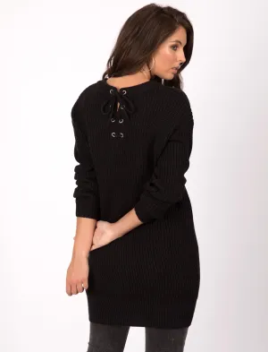 Lion Longline Jumper Dress with Tie Back Detail in Black - Tokyo Laundry