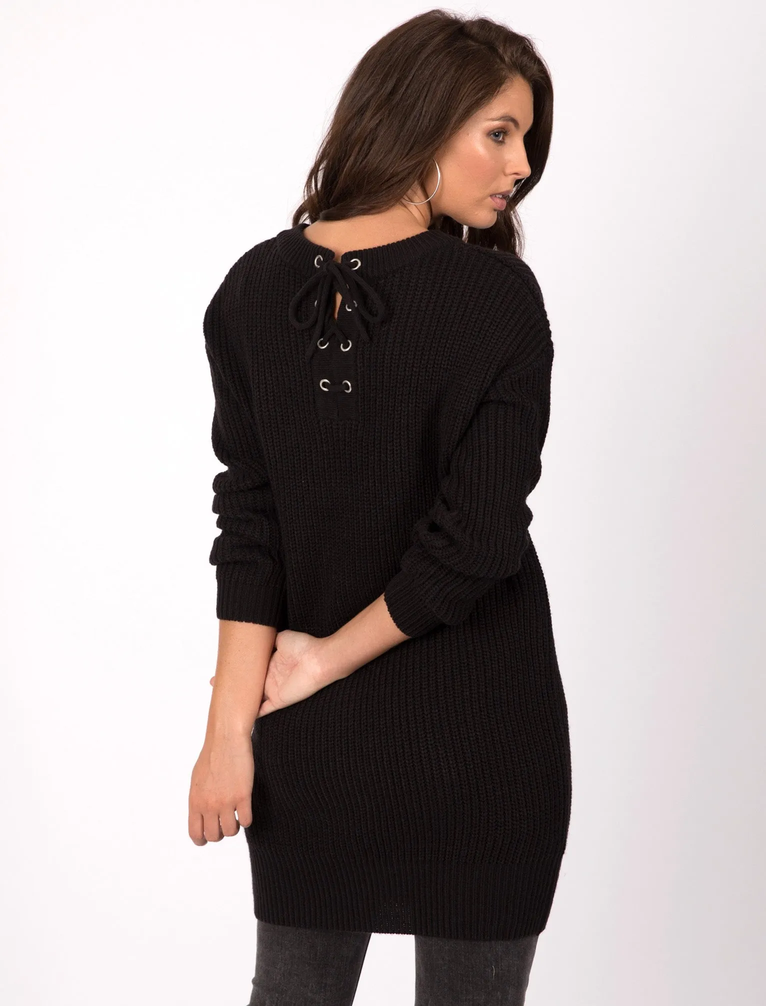 Lion Longline Jumper Dress with Tie Back Detail in Black - Tokyo Laundry