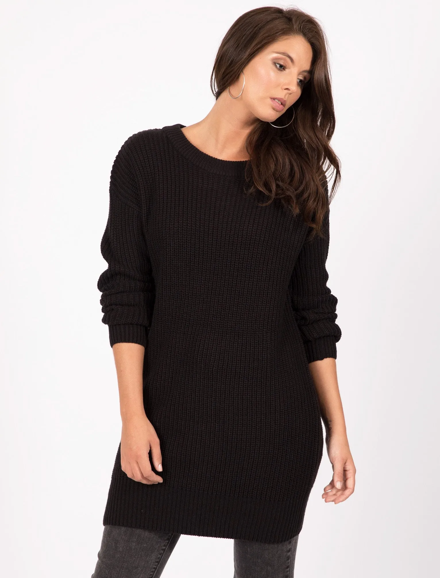 Lion Longline Jumper Dress with Tie Back Detail in Black - Tokyo Laundry