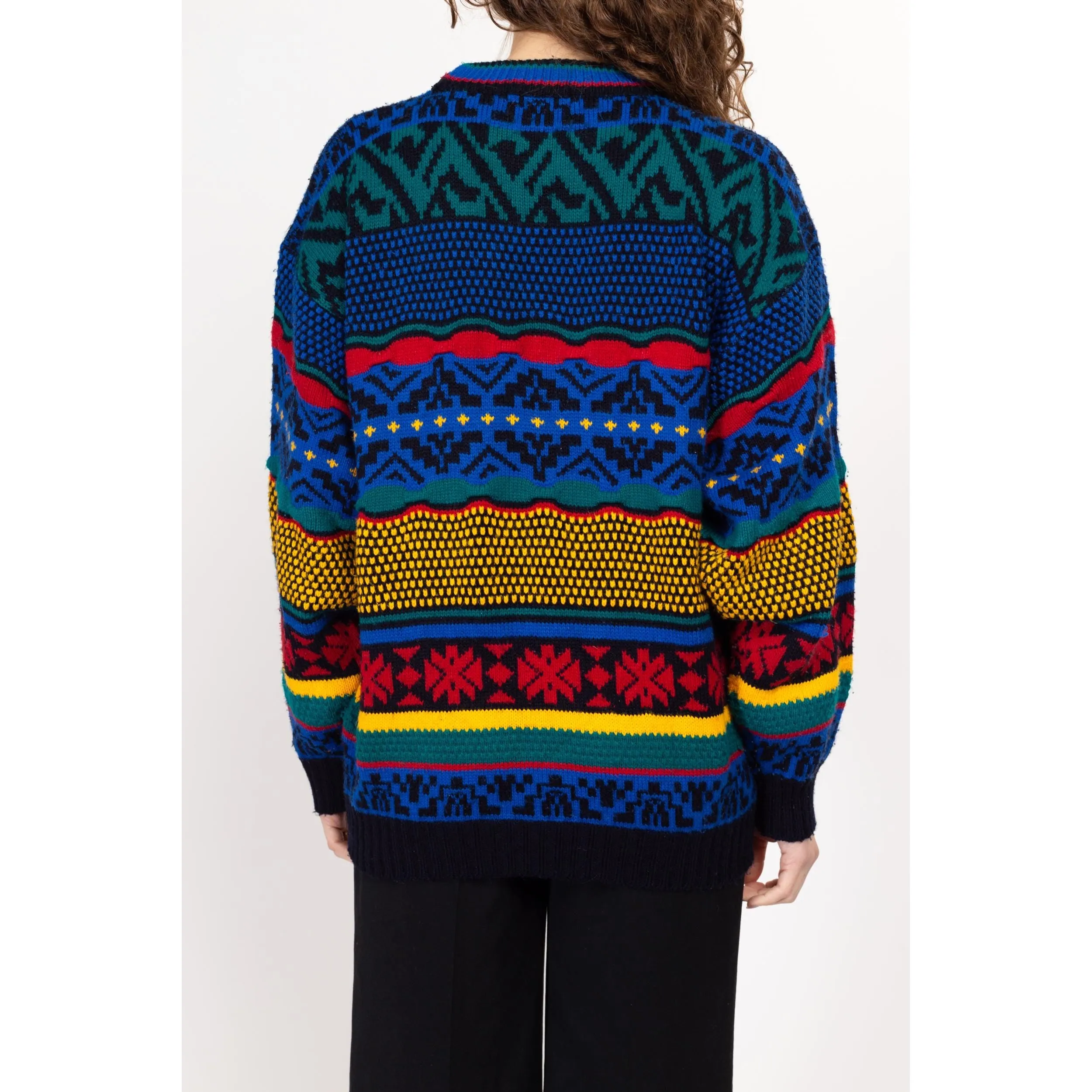 Lrg-XL 80s Primary Color Striped Knit Sweater