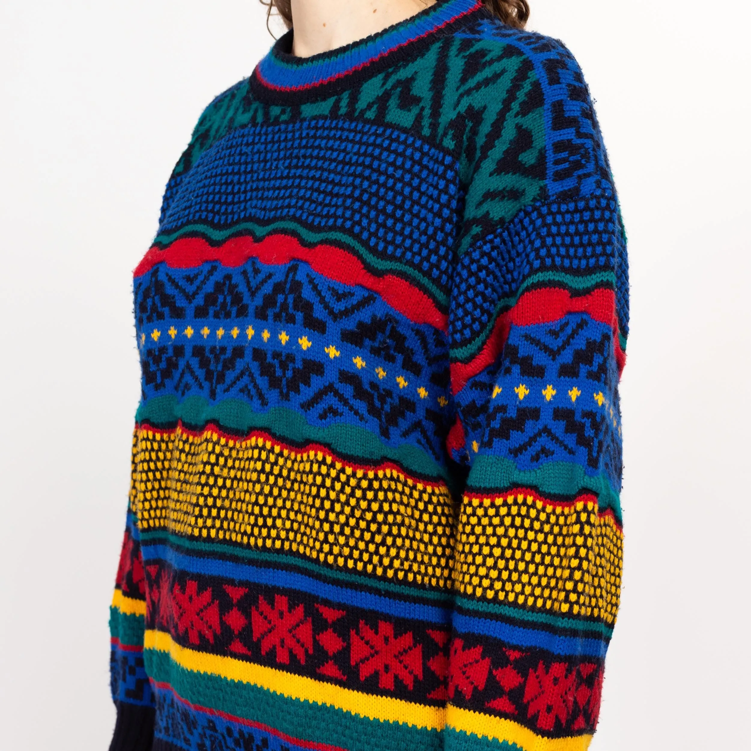 Lrg-XL 80s Primary Color Striped Knit Sweater