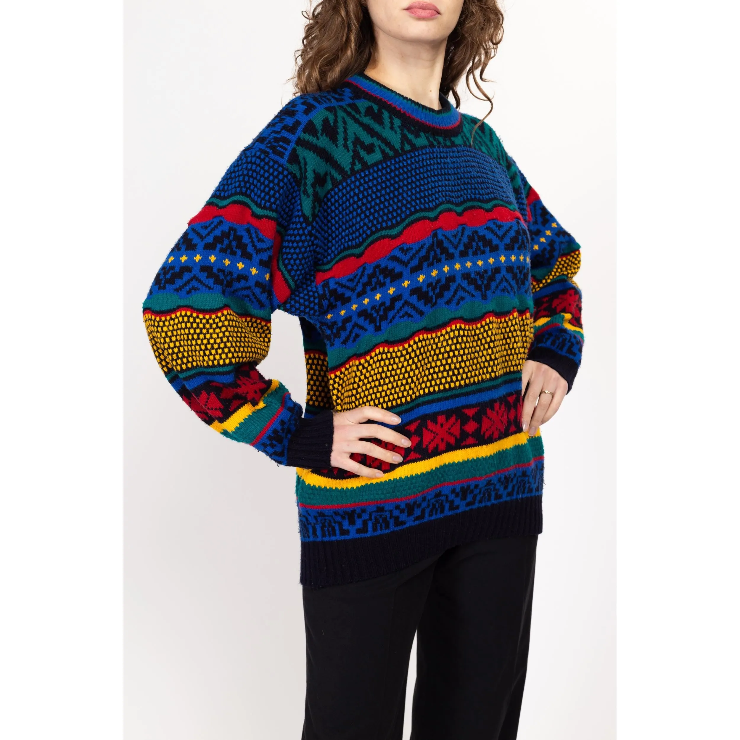 Lrg-XL 80s Primary Color Striped Knit Sweater