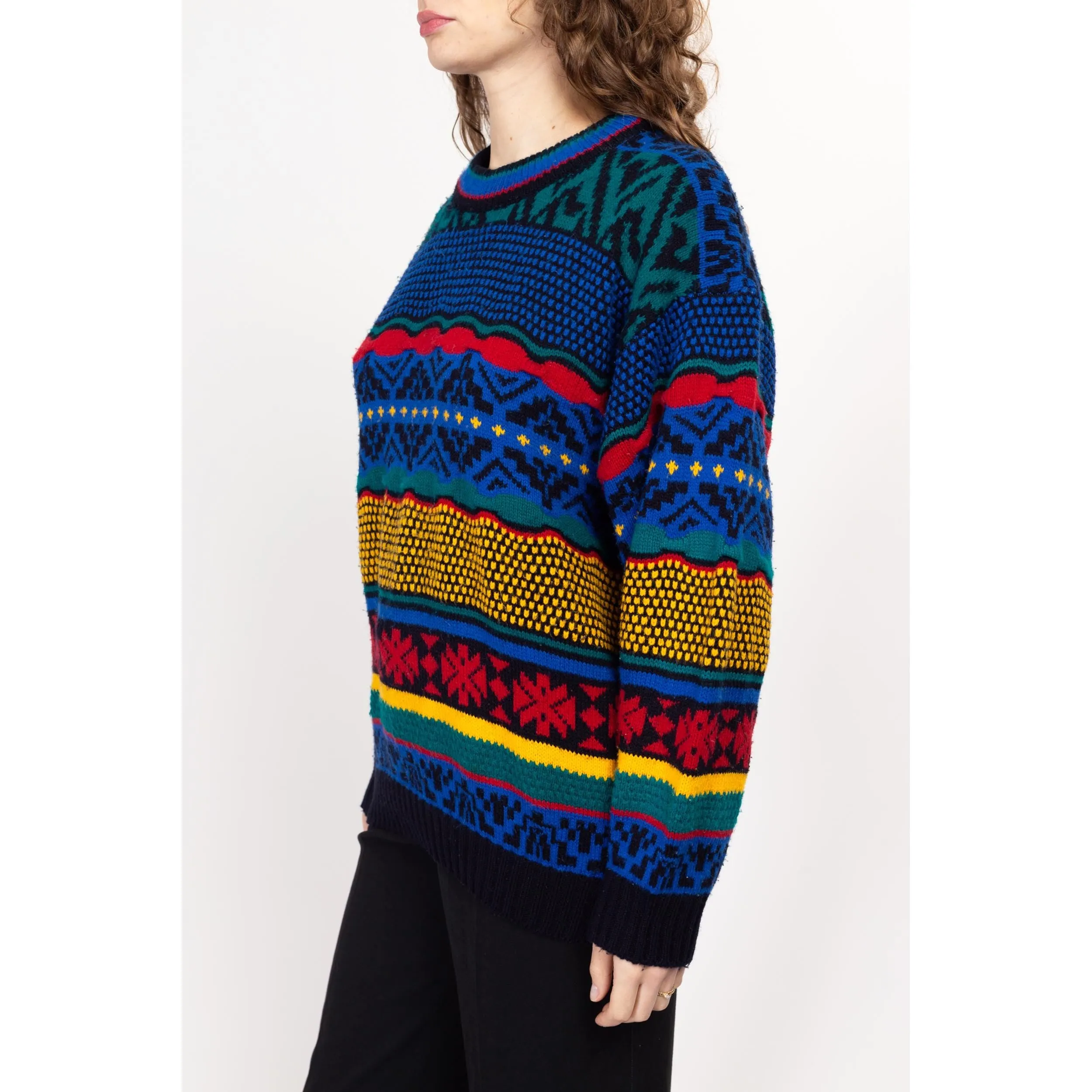 Lrg-XL 80s Primary Color Striped Knit Sweater