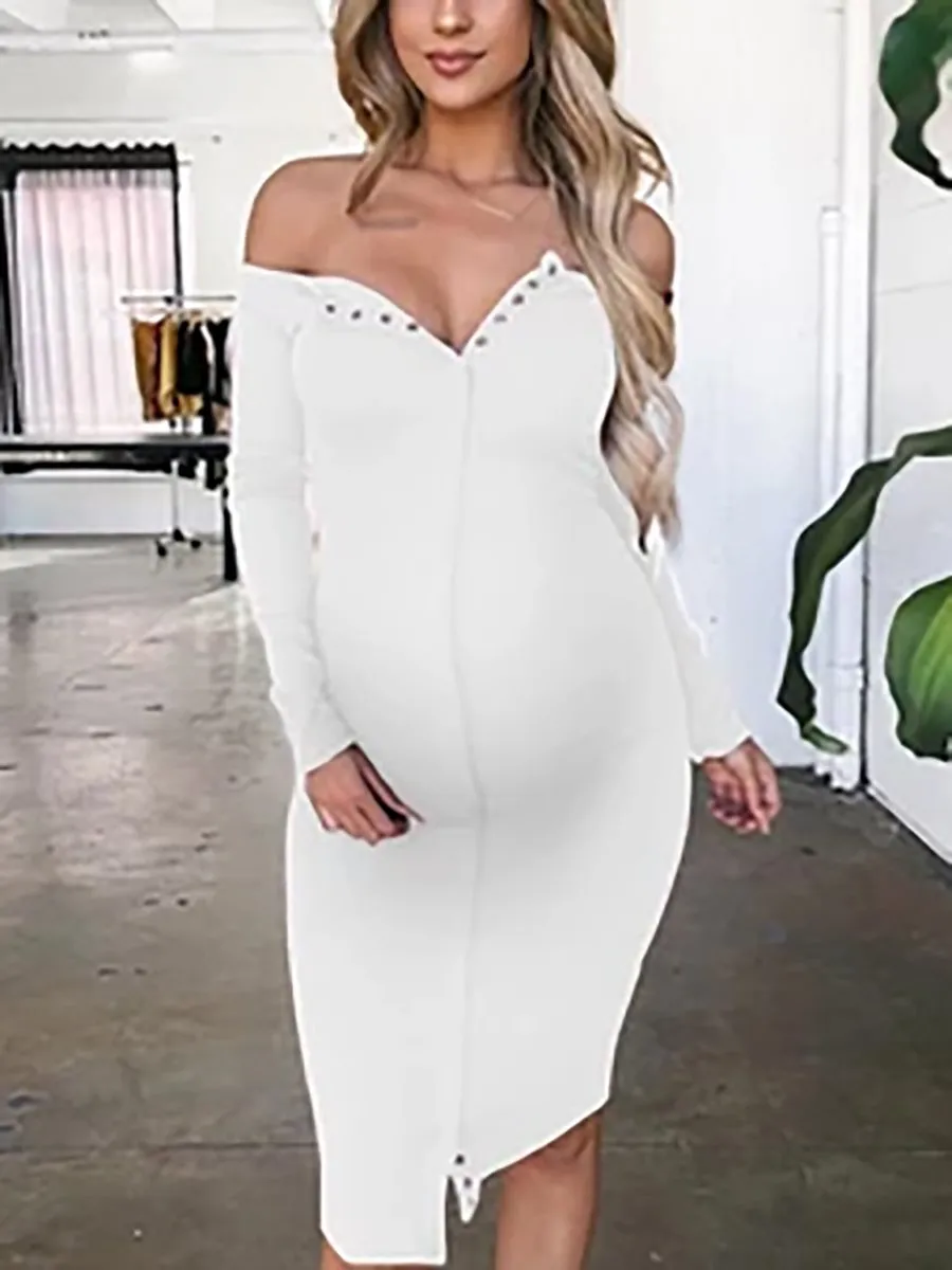 Maternity Pure Color Long Sleeve Dress