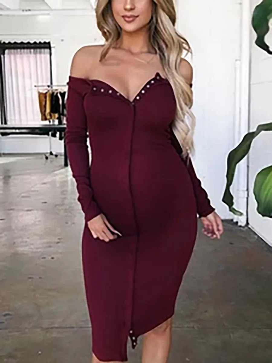 Maternity Pure Color Long Sleeve Dress