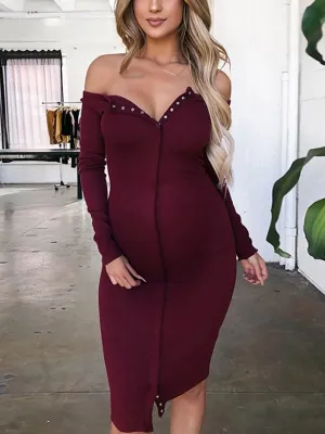 Maternity Pure Color Long Sleeve Dress