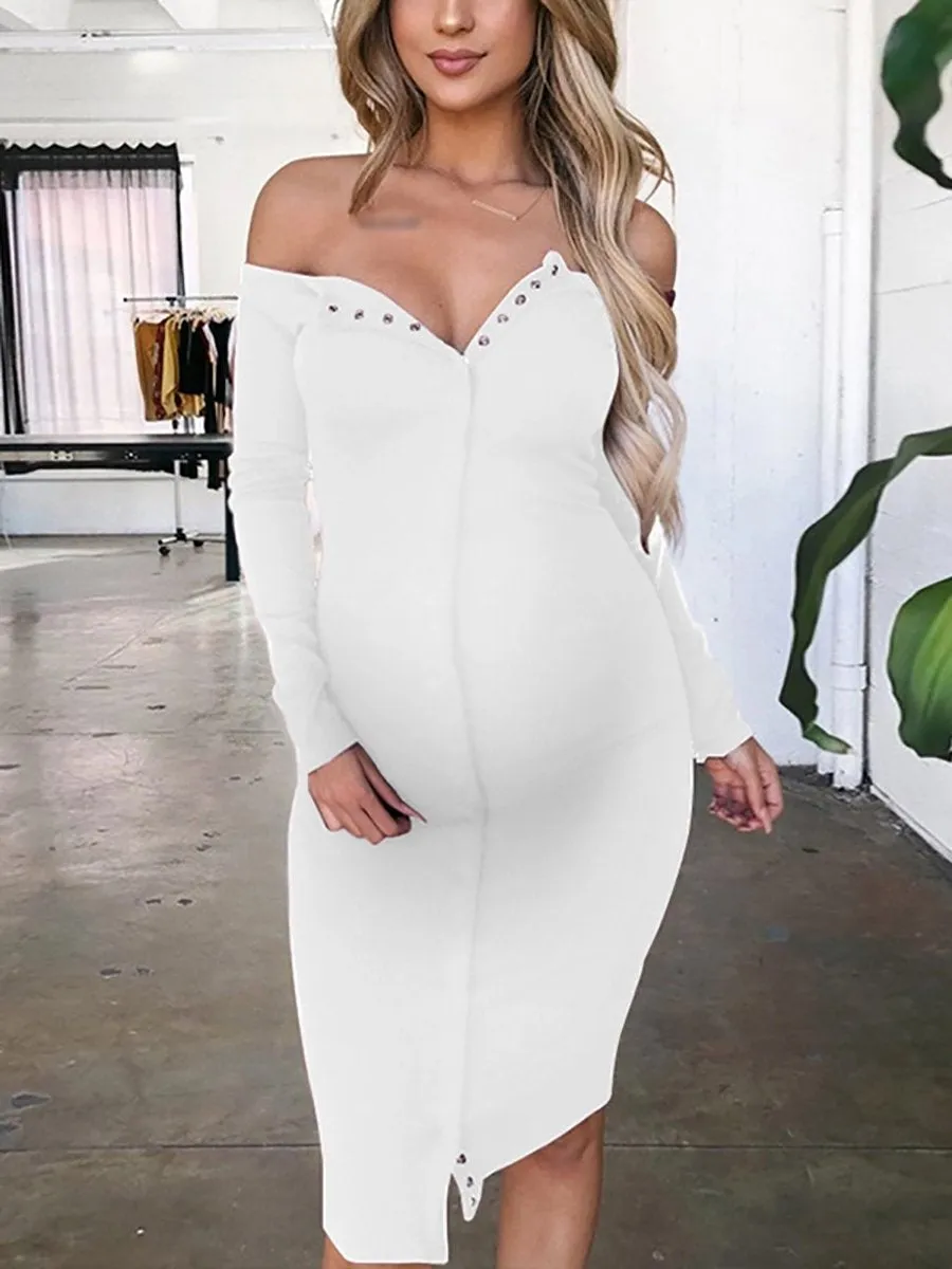 Maternity Pure Color Long Sleeve Dress