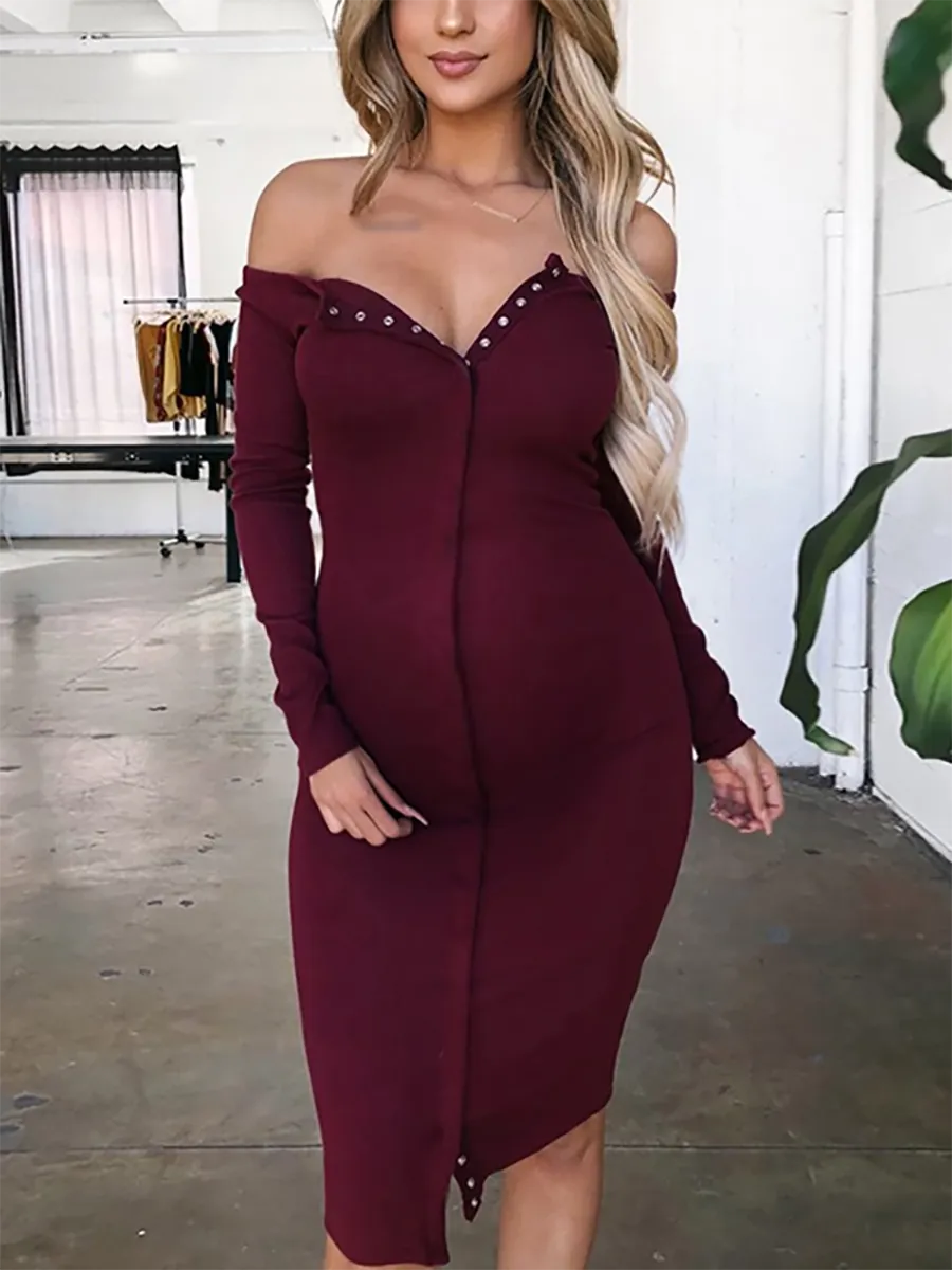 Maternity Pure Color Long Sleeve Dress