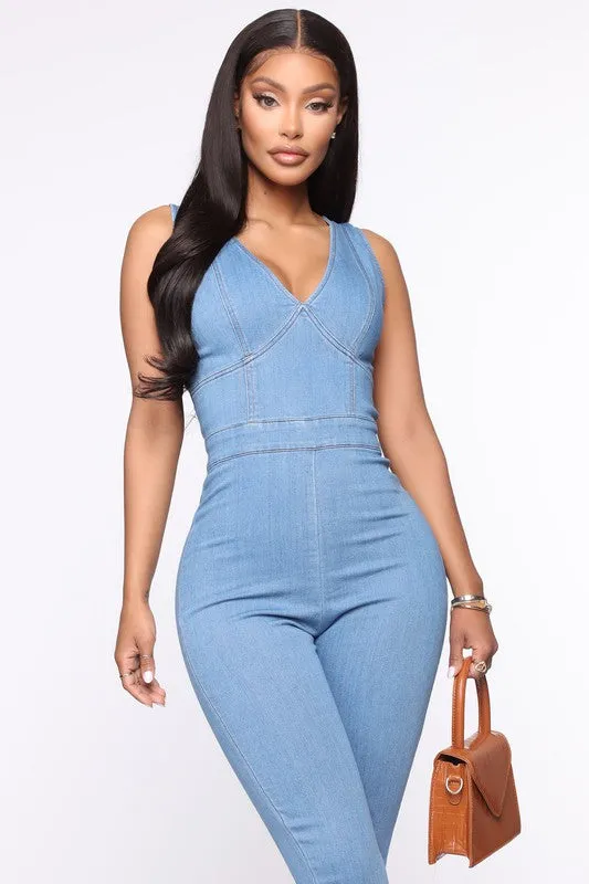 Medium Denim V Neck Denim Jumpsuits
