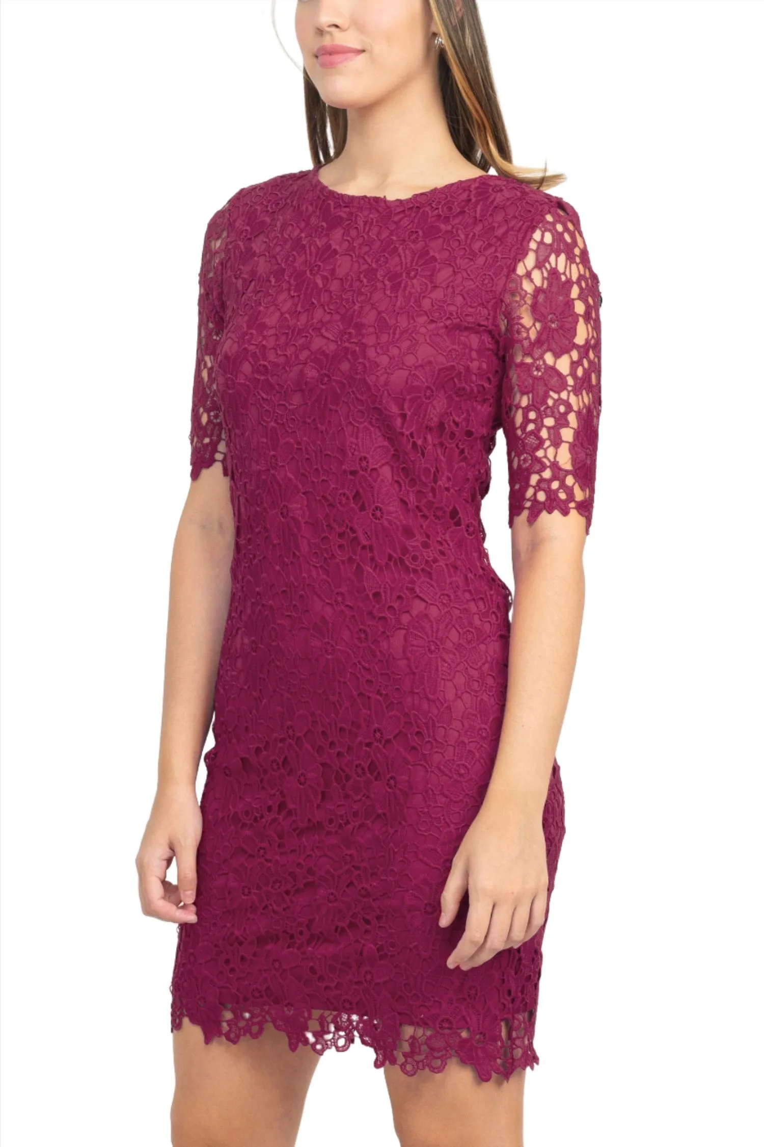 Nina Leonard Crew Neck 3/4 Sleeve Bodycon Zipper Back Floral Lace Dress