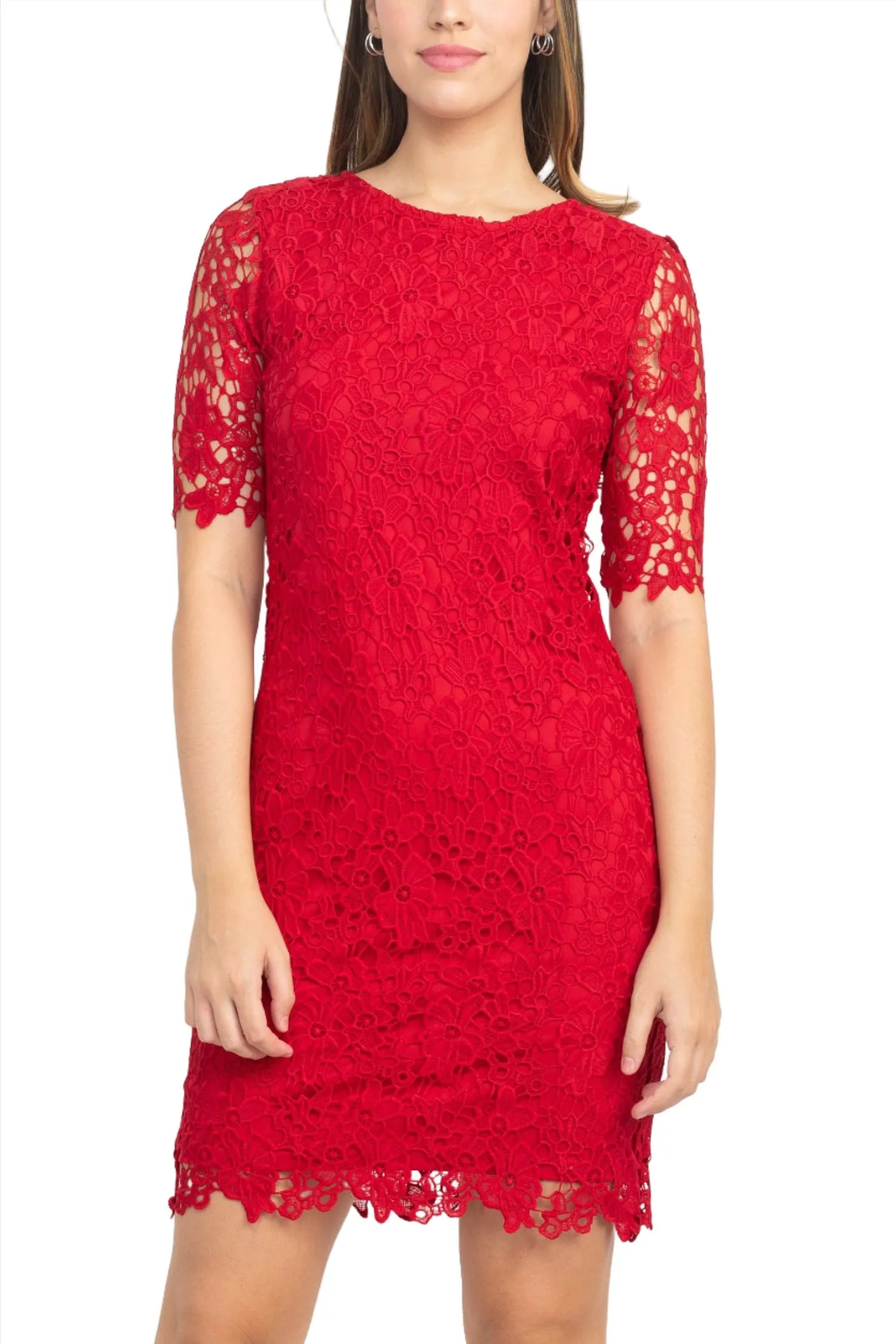 Nina Leonard Crew Neck 3/4 Sleeve Bodycon Zipper Back Floral Lace Dress