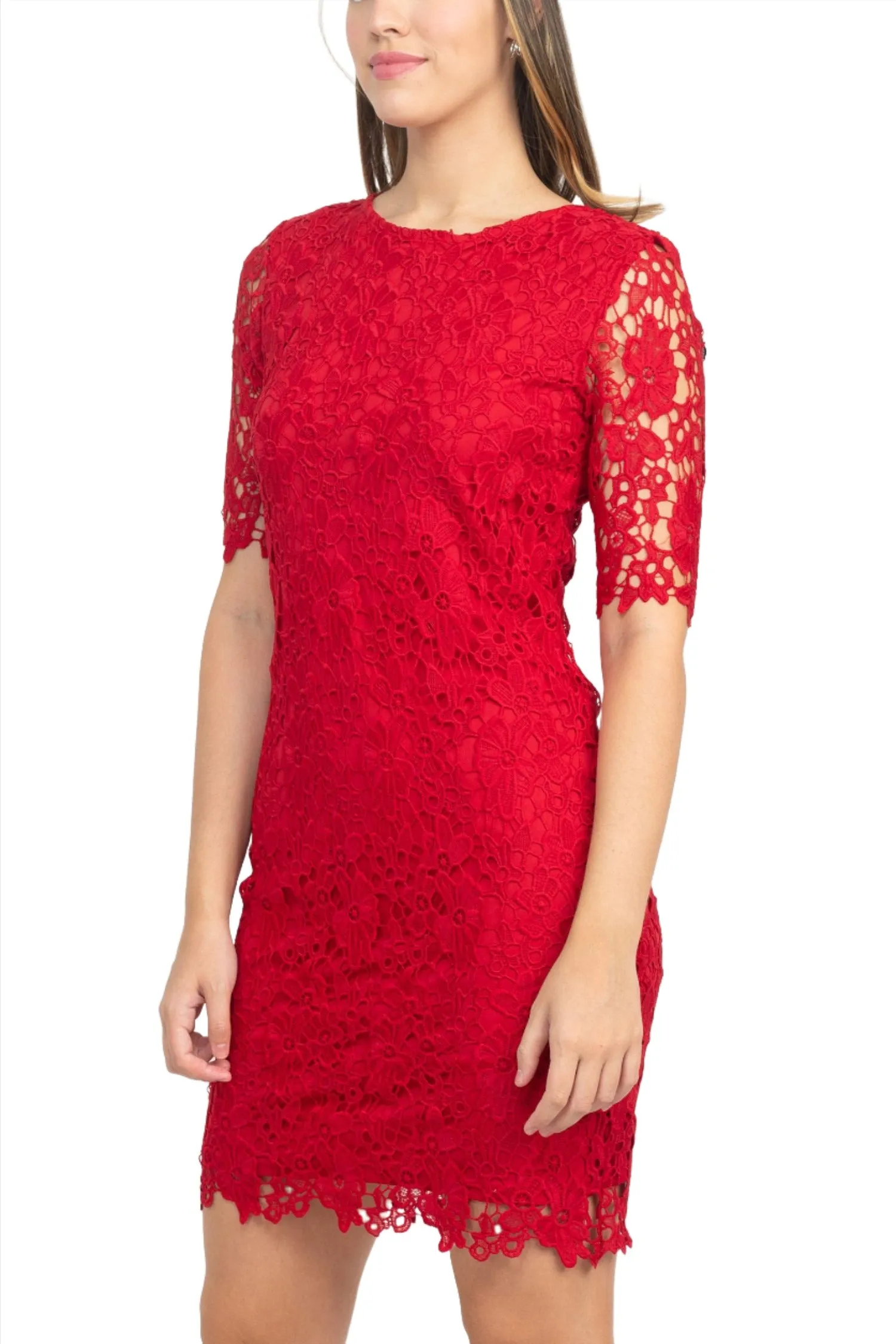 Nina Leonard Crew Neck 3/4 Sleeve Bodycon Zipper Back Floral Lace Dress