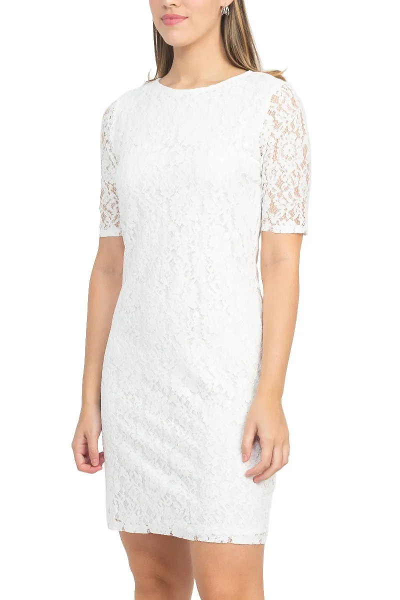Nina Leonard Crew Neck 3/4 Sleeve Bodycon Zipper Back Floral Lace Dress
