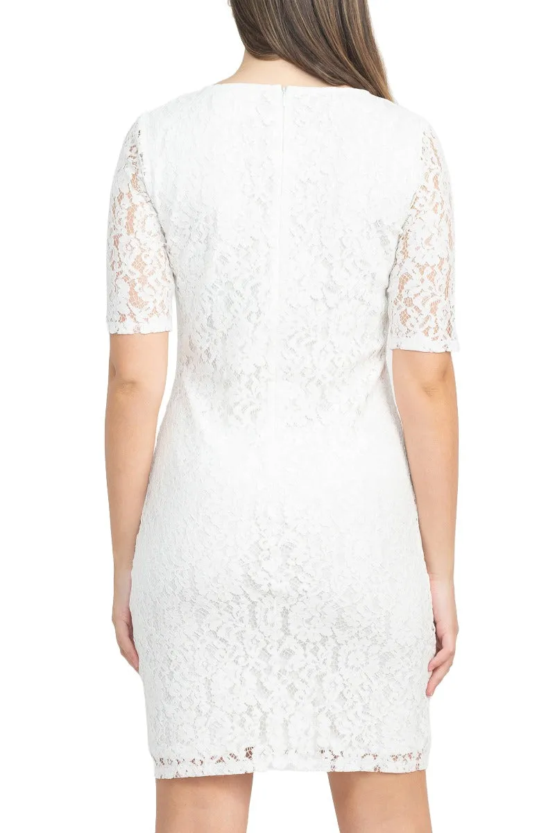 Nina Leonard Crew Neck 3/4 Sleeve Bodycon Zipper Back Floral Lace Dress