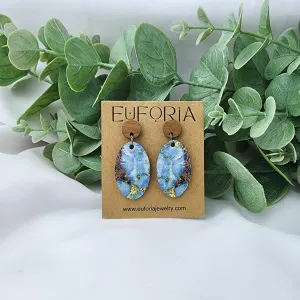 Oval Cork Over Leather Earrings - Blue Marbled