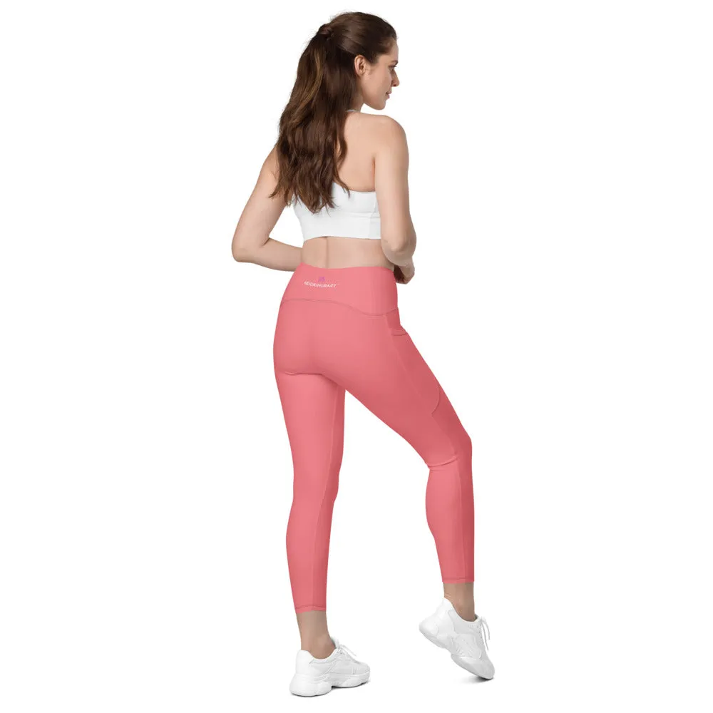 Peach Pink Women's Tights, Solid Color Best Yoga Pants With 2 Side Deep Long Pockets - Made in USA/EU/MX (US Size: 2XS-6XL)