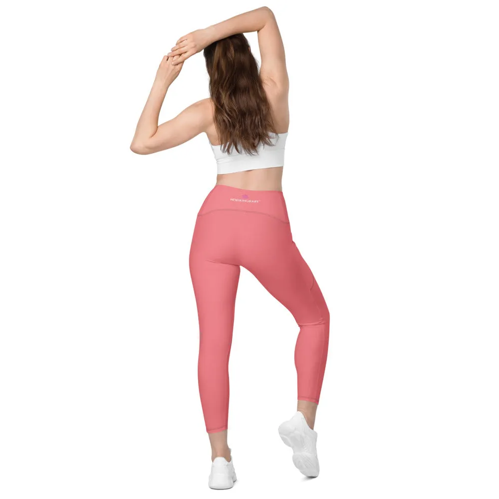 Peach Pink Women's Tights, Solid Color Best Yoga Pants With 2 Side Deep Long Pockets - Made in USA/EU/MX (US Size: 2XS-6XL)
