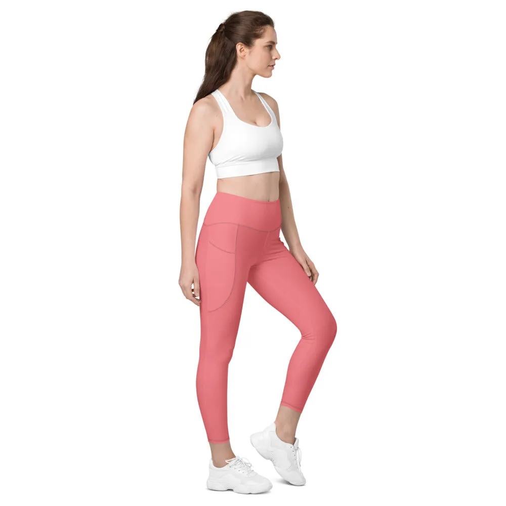 Peach Pink Women's Tights, Solid Color Best Yoga Pants With 2 Side Deep Long Pockets - Made in USA/EU/MX (US Size: 2XS-6XL)