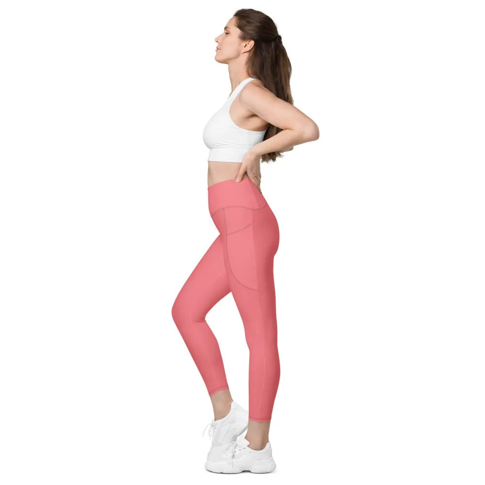 Peach Pink Women's Tights, Solid Color Best Yoga Pants With 2 Side Deep Long Pockets - Made in USA/EU/MX (US Size: 2XS-6XL)