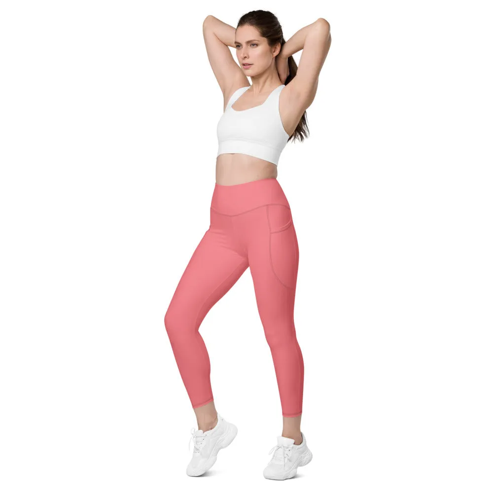 Peach Pink Women's Tights, Solid Color Best Yoga Pants With 2 Side Deep Long Pockets - Made in USA/EU/MX (US Size: 2XS-6XL)
