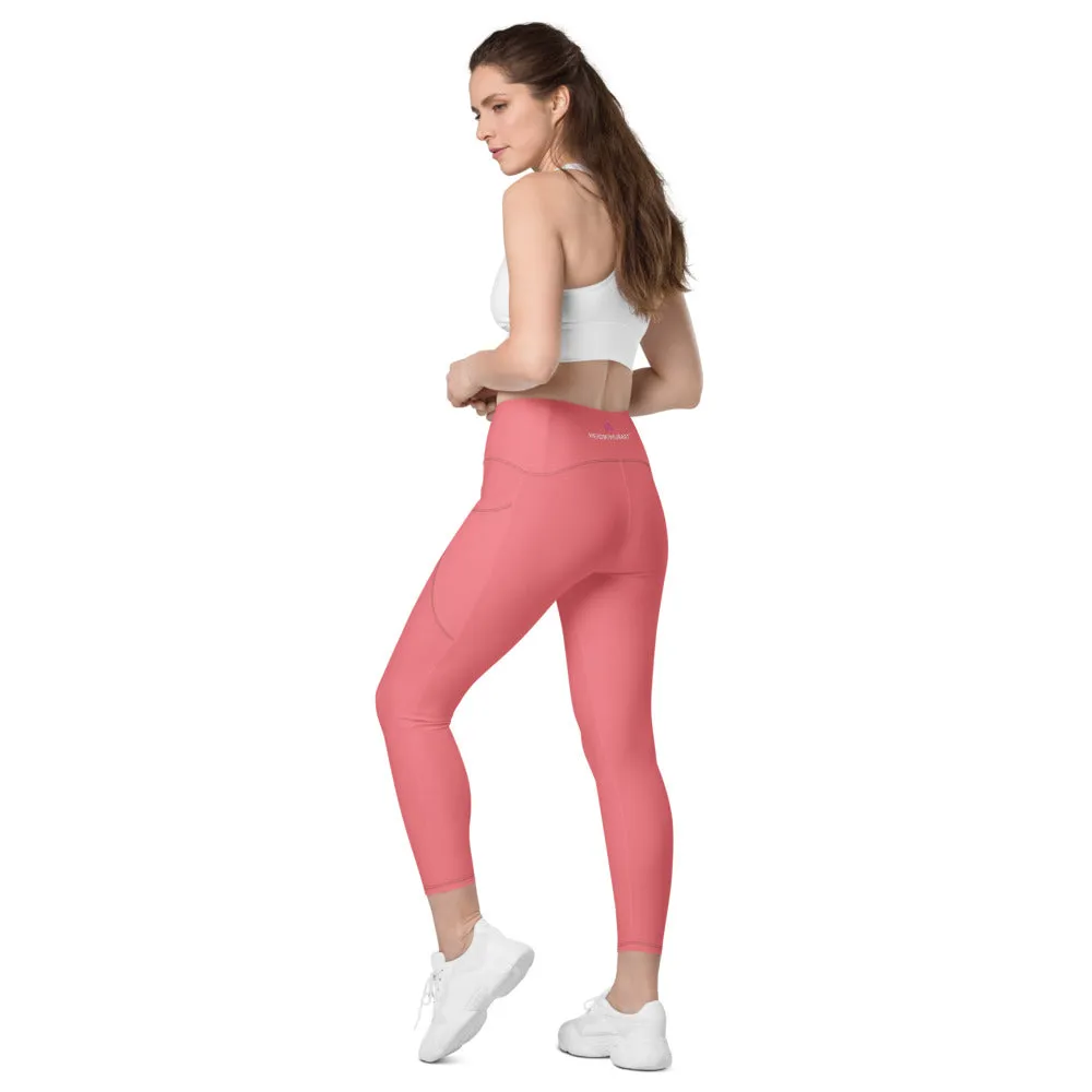 Peach Pink Women's Tights, Solid Color Best Yoga Pants With 2 Side Deep Long Pockets - Made in USA/EU/MX (US Size: 2XS-6XL)