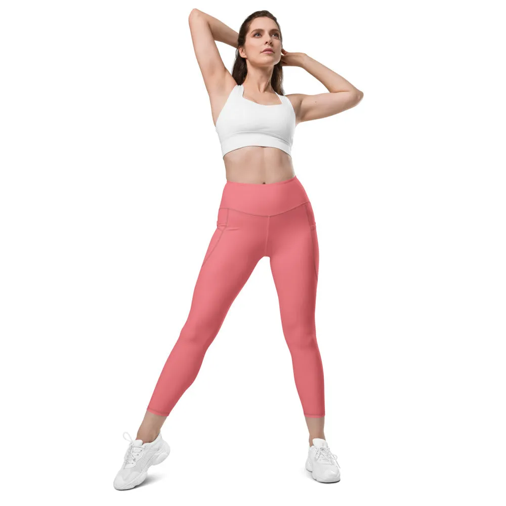 Peach Pink Women's Tights, Solid Color Best Yoga Pants With 2 Side Deep Long Pockets - Made in USA/EU/MX (US Size: 2XS-6XL)