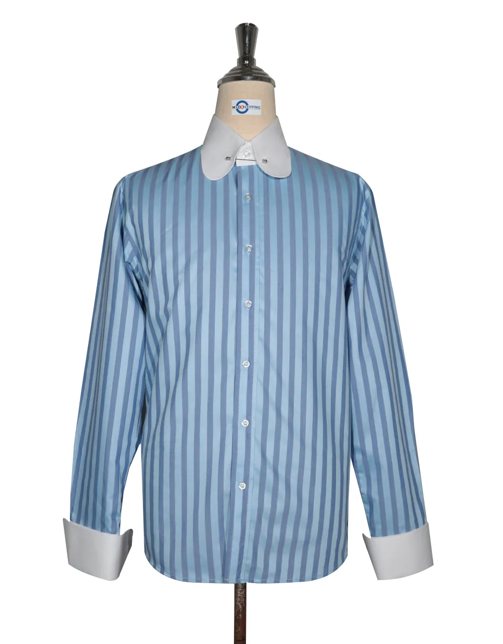 Penny Pin Collar Shirt - Sky Blue and Navy Blue Stripe Shirt
