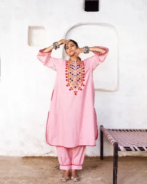 Pink Cotton Floral Embroidered Kurta Palazzo Set