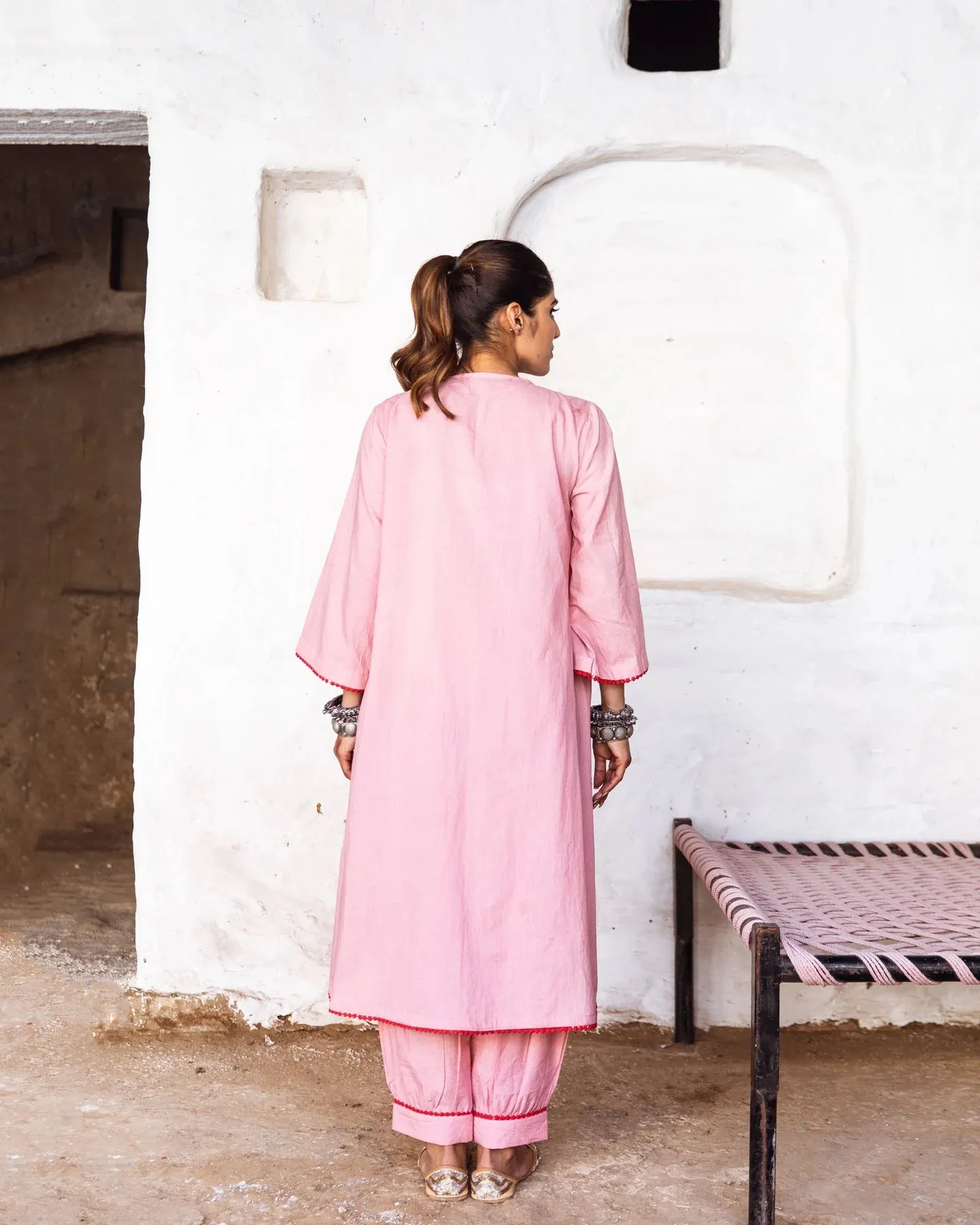 Pink Cotton Floral Embroidered Kurta Palazzo Set